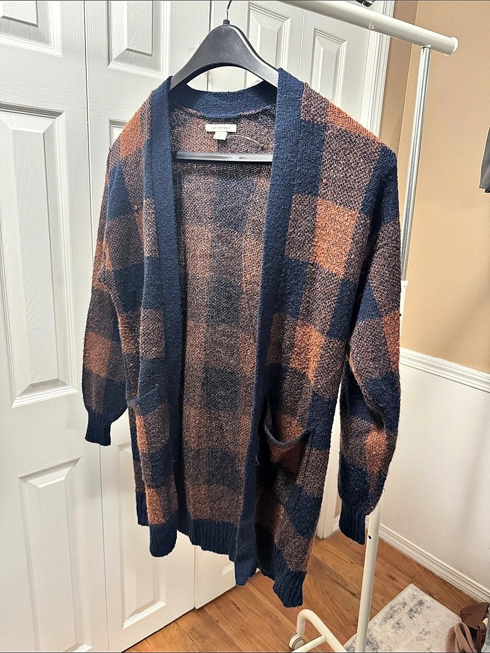 American Eagle Plaid Open Front Cardigan in Blue & Brown Size XS